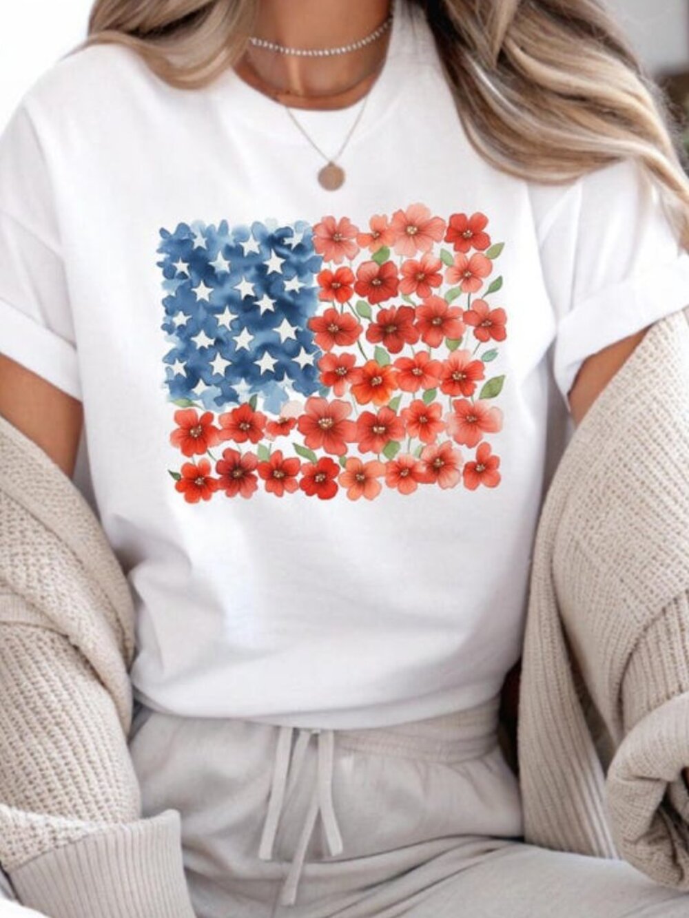 Floral American Flag Shirt, Patriotic Flower T-Shirt, 4th of July Floral Tee